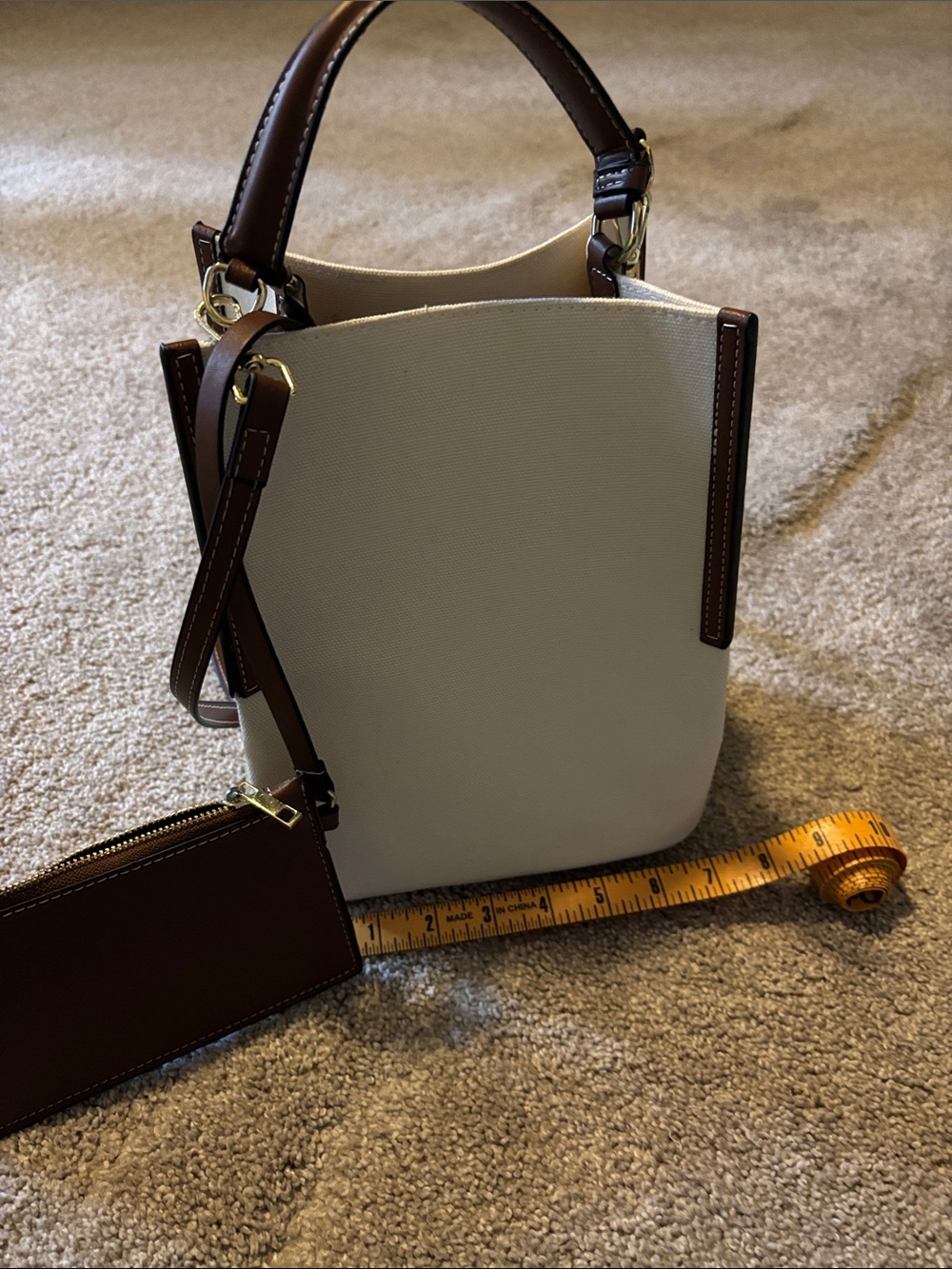 Cream and Brown Two-Tone Bucket Bag with Pouch